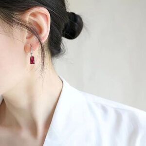 Hot Pink Huggie Hoop Earrings Gold Dangle Rectangle Emerald Earring, Gold Huggie
